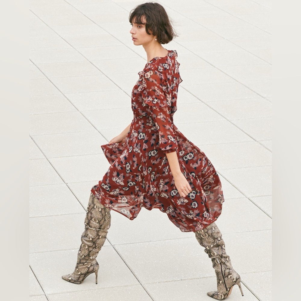 SAM EDELMAN NWT 14 Fanciful Florals Asymmetrical Chiffon Ruffle Dress in Rust